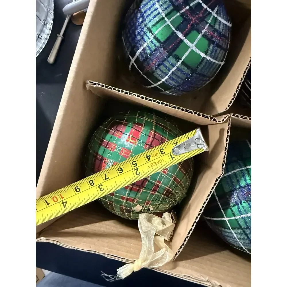 Vintage Jeffrey Banks Home Ornaments Set of 8 Large Plaid Glass Ornaments w/ Box